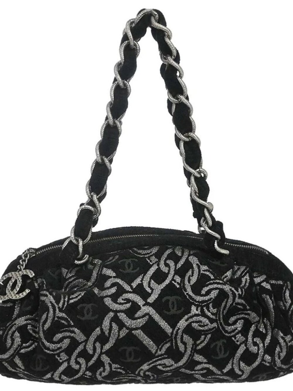Chanel Black Silver Cotton Jacquard Chain Handbag 167826
